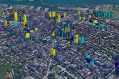 Ce montage fait par des contributeurs du forum de discussion AGORA MONTRÉAL sur le développement urbain, représente les édifices actuellement en construction (jaune), ceux en planification/développement (bleu pâle) et ceux récemment complétés (bleu foncé).